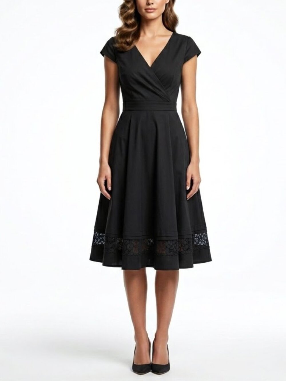 Tahari Gothic Midi Dress Black Lace Trim V-Neck Whimsigoth Summer Fit Flare 10